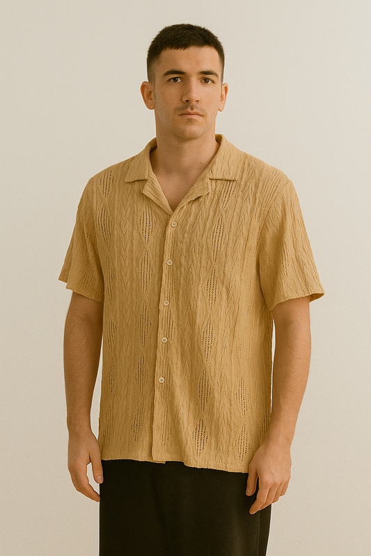 Beige knitted Textured Short Sleeve Button-Up Shirt