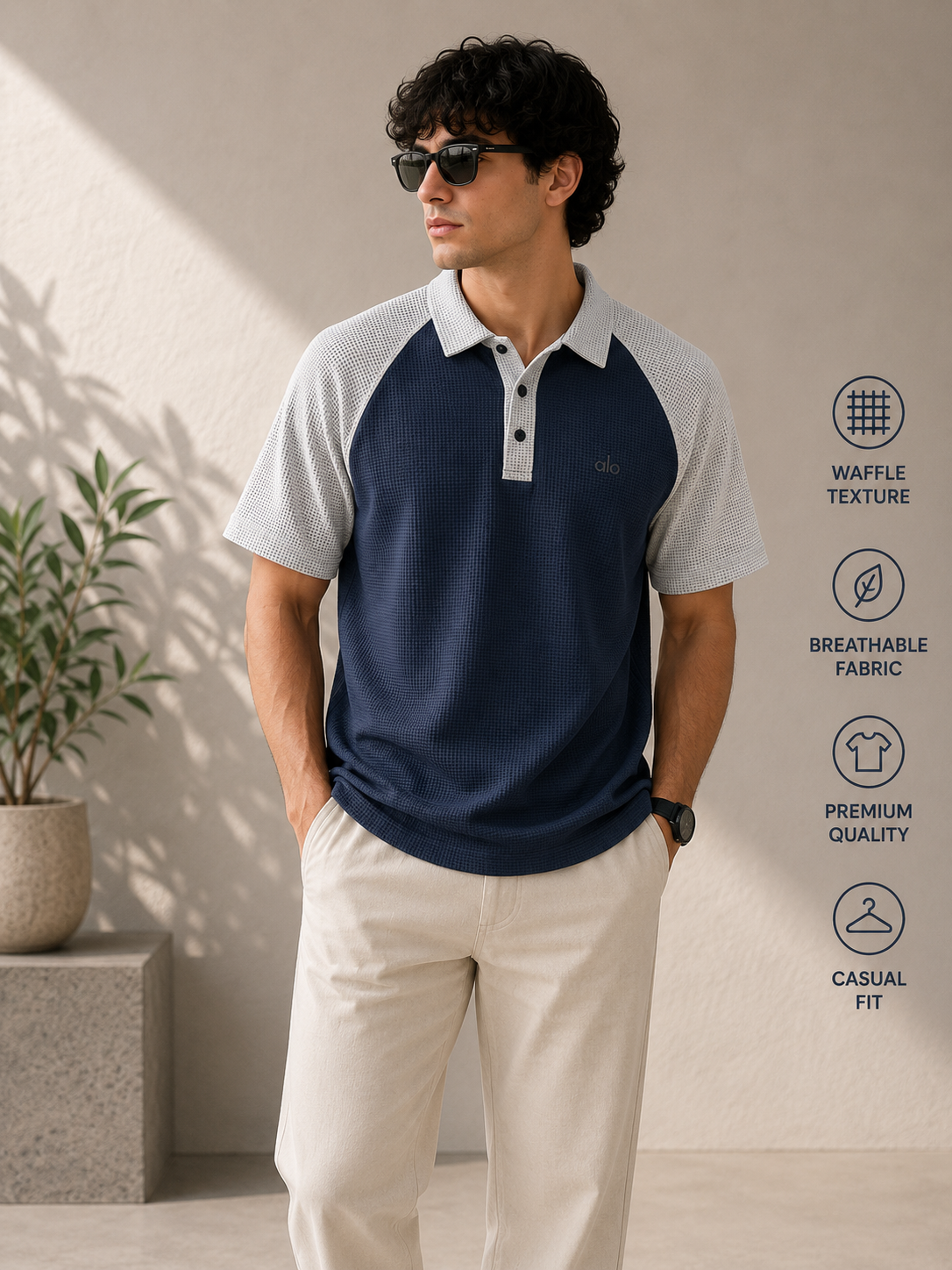 Premium Waffle Knit Raglan Polo Shirt